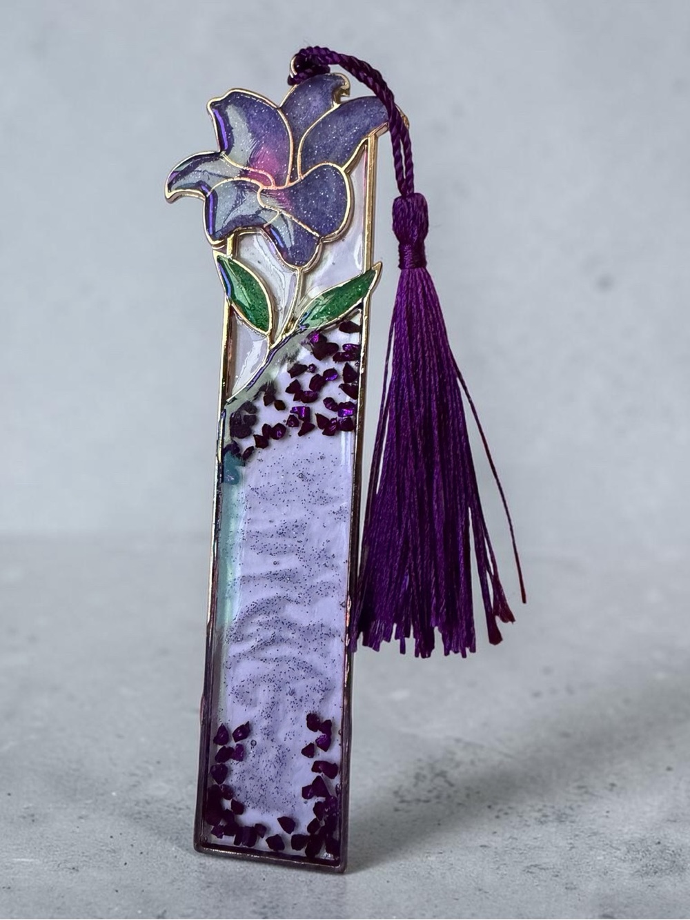 Hand Crafted Purple Floral Enamel Bookmark with Purple Tassel